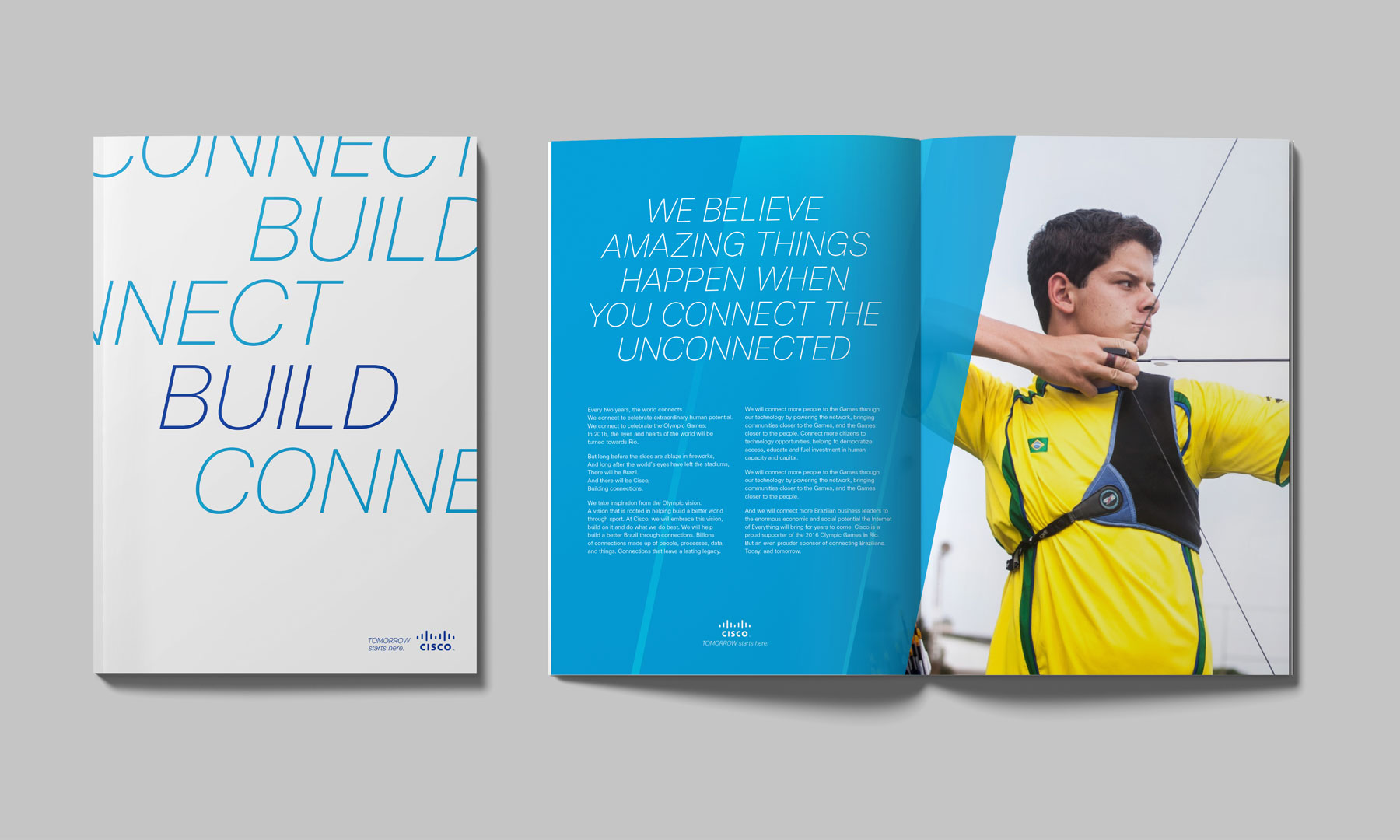 Cisco Rio booklet example cover “Connect Build” and spread “We Believe Amazing Things Happen When You Connect the Unconnected”