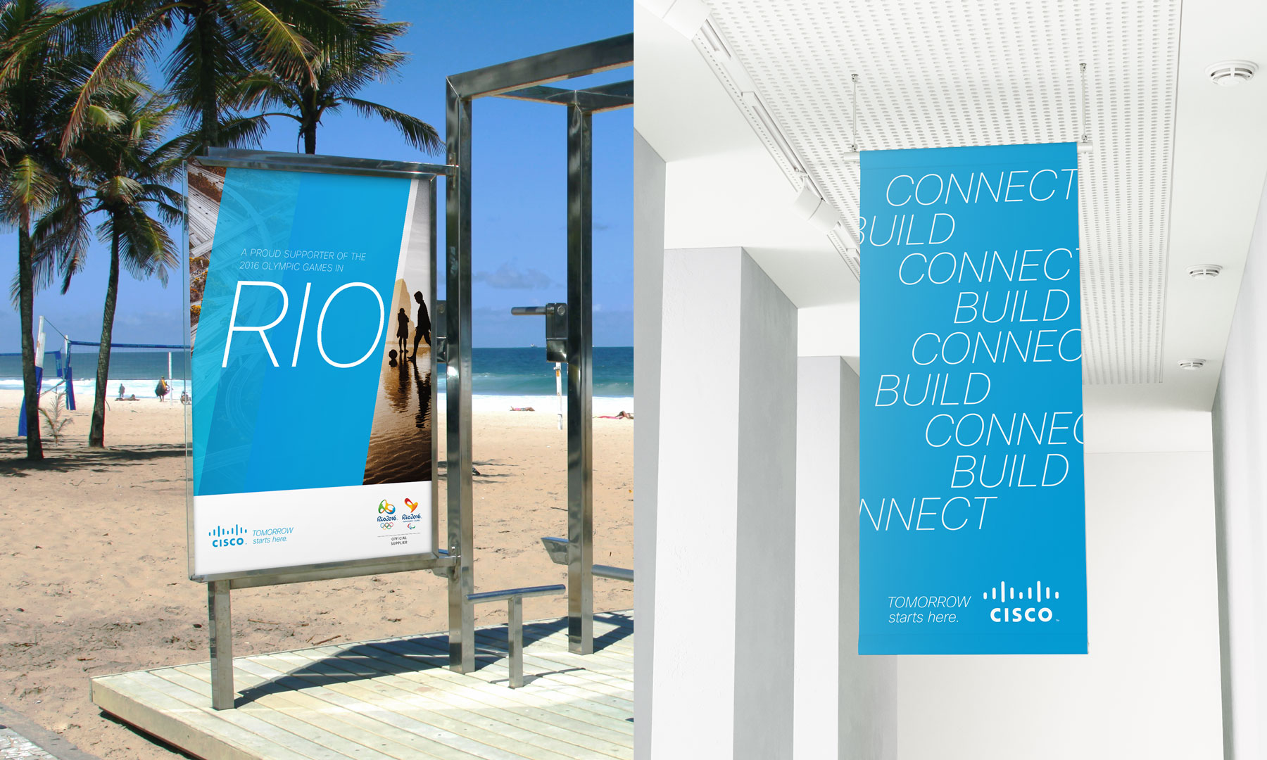 Cisco Rio bus stop poster “A Proud Sponsor of the 2016 Olympics Games in Rio” and hanging vertical banner “Connect Build”