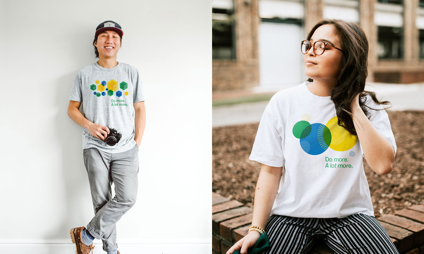 two people wearing Google “Do more. A lot more.” recruitment t-shirts