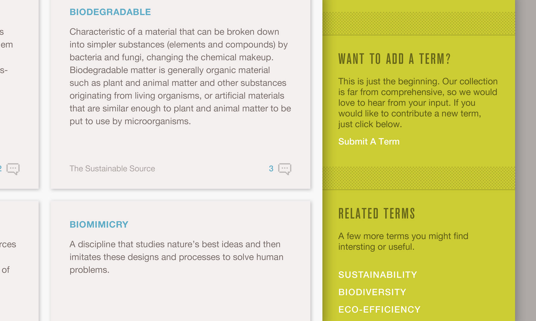 Glossary page detail with examples: Biodegradable and Biomimicry