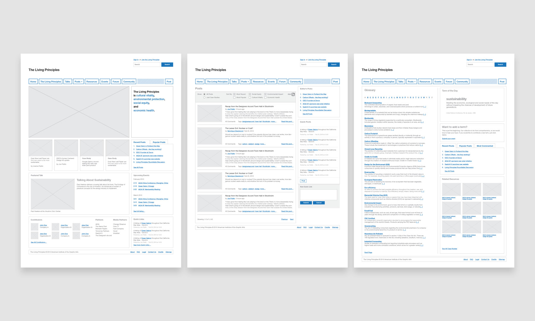 The Living Principles wireframes for homepage, posts, and glossary