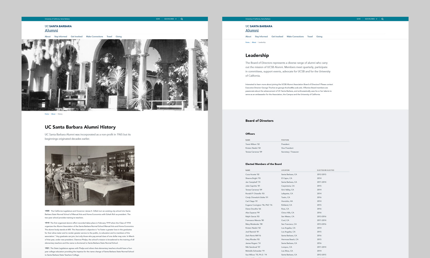 UC Santa Barbara Alumni pages: “UC Santa Barbara Alumni History” and “Leadership”